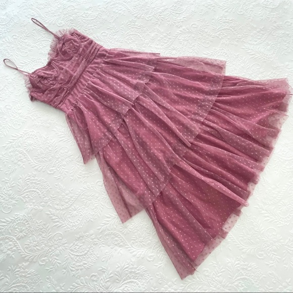 NWOT Lulus Sweetheart Style Mauve Polka Dot Bustier Tiered Midi Dress Small - Picture 7 of 12